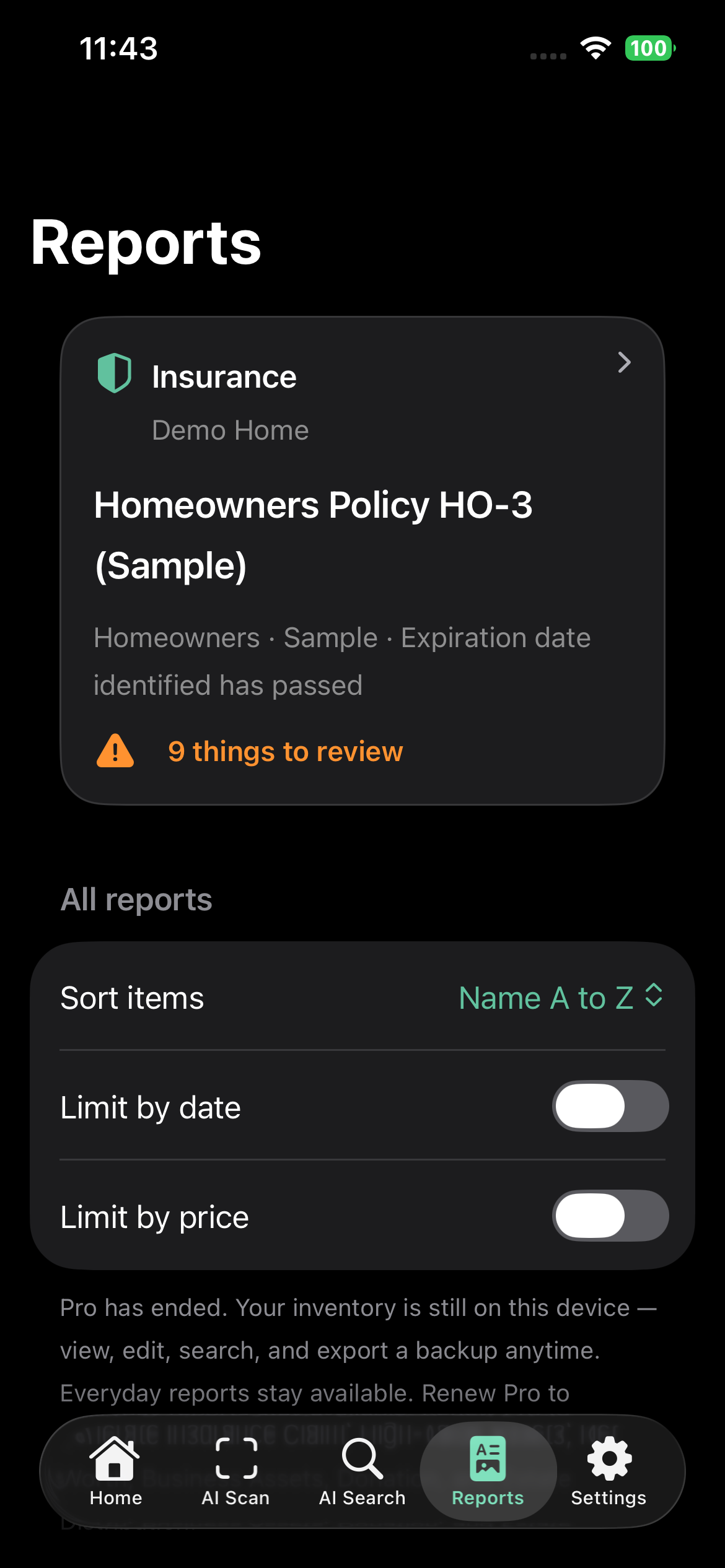 Reports tab with the Insurance card for Demo Home