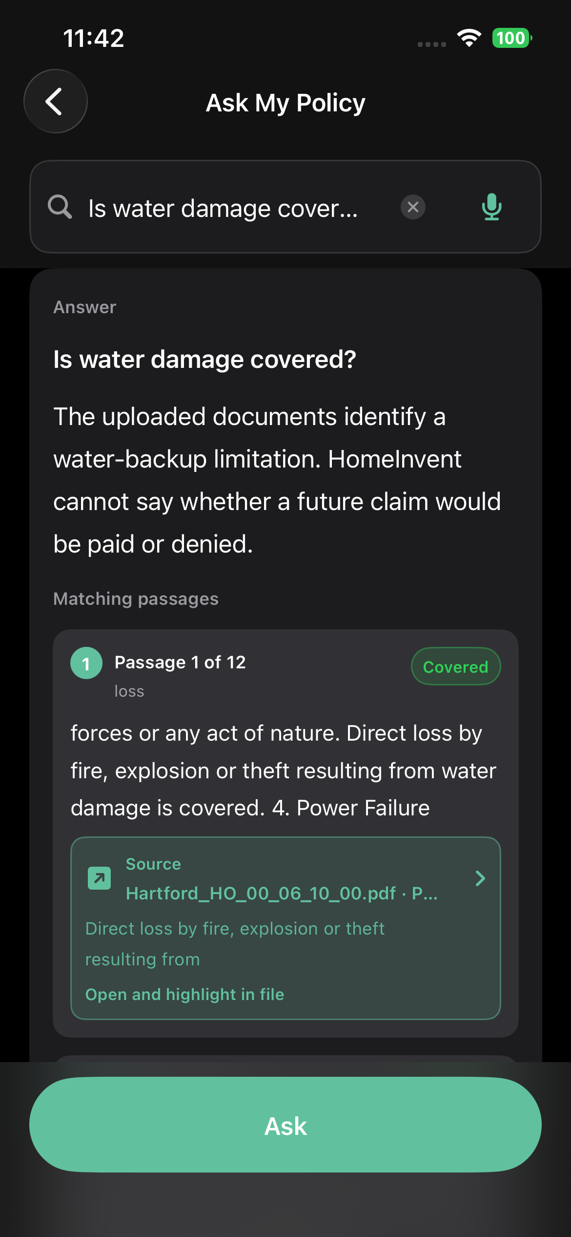 Ask My Policy answer for water damage with matching policy passages