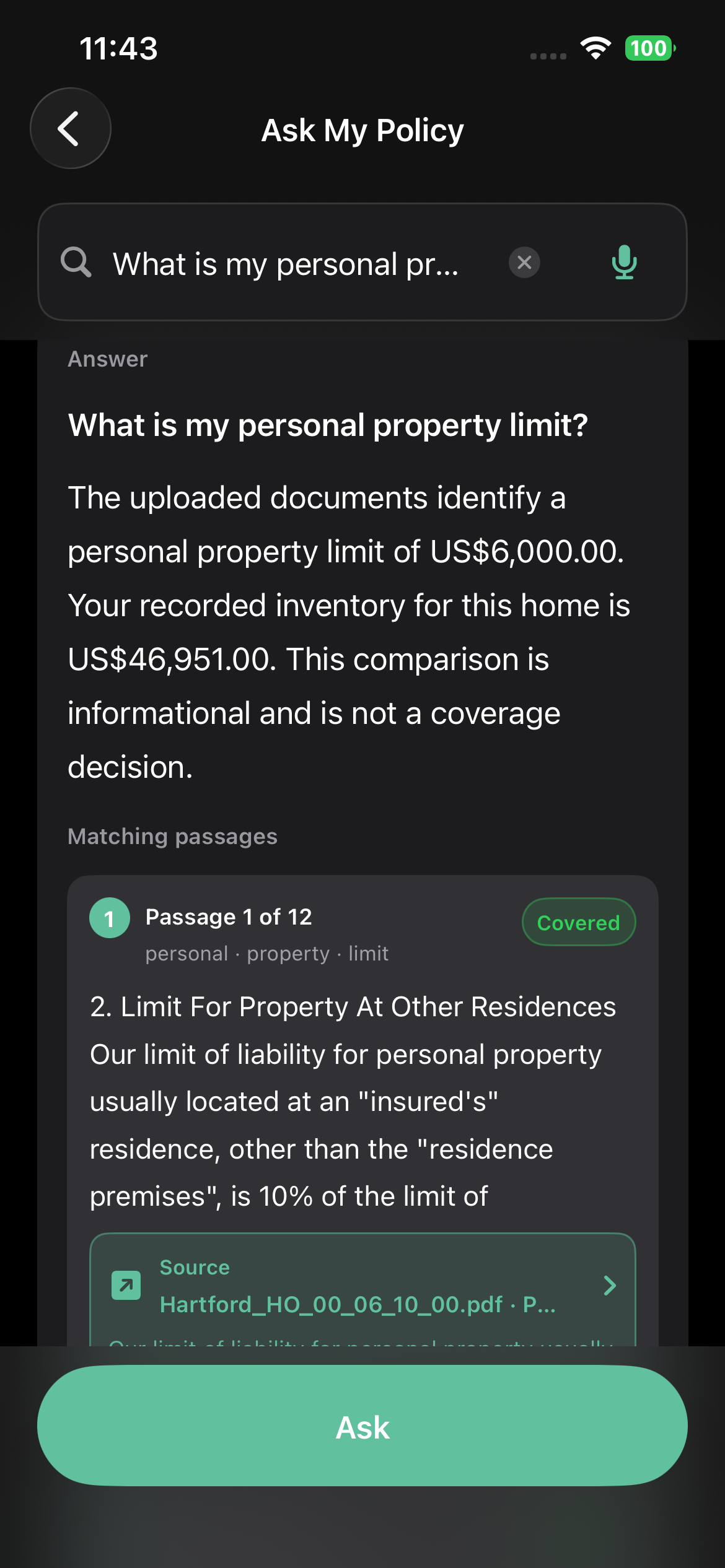 Ask My Policy answer comparing personal property limit with recorded inventory