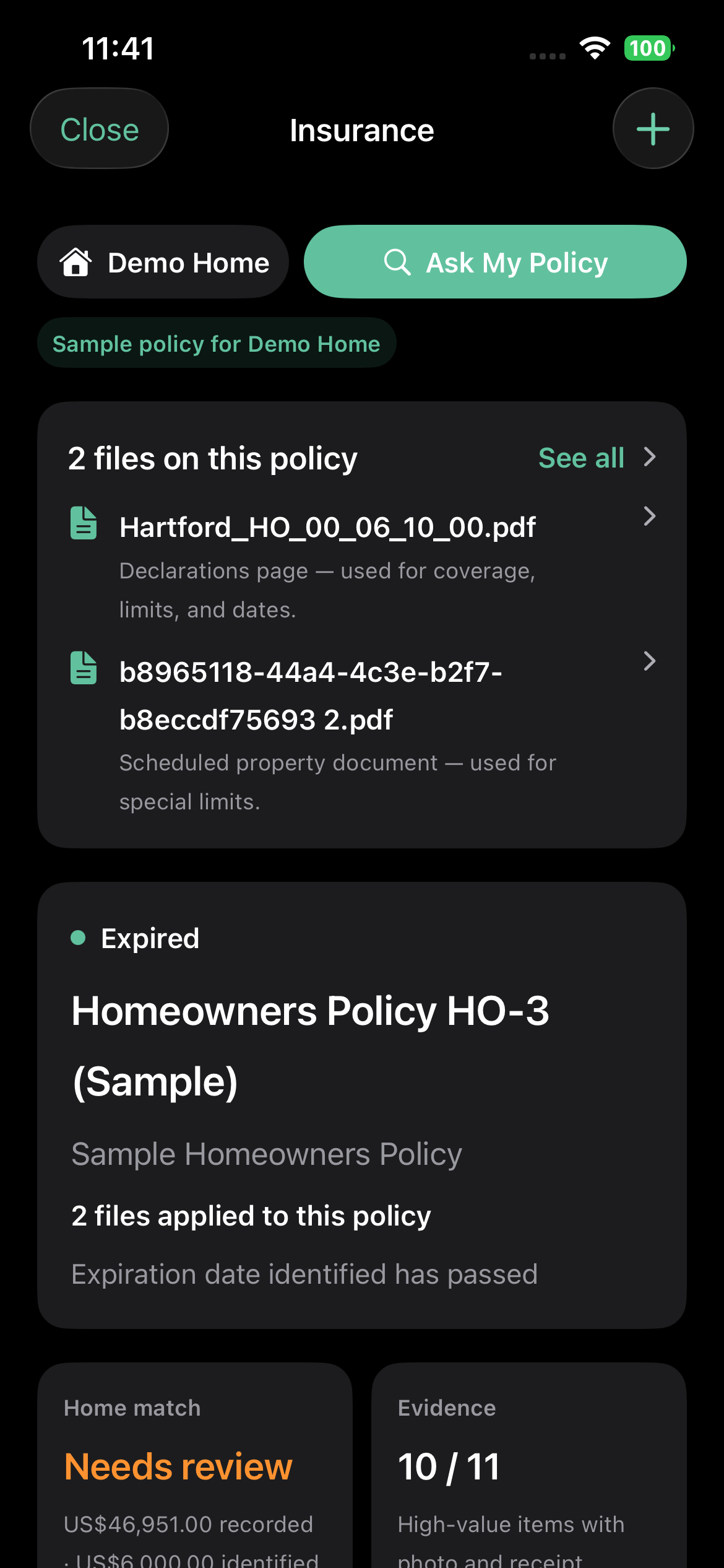 Insurance Policy Intelligence dashboard in HomeInvent