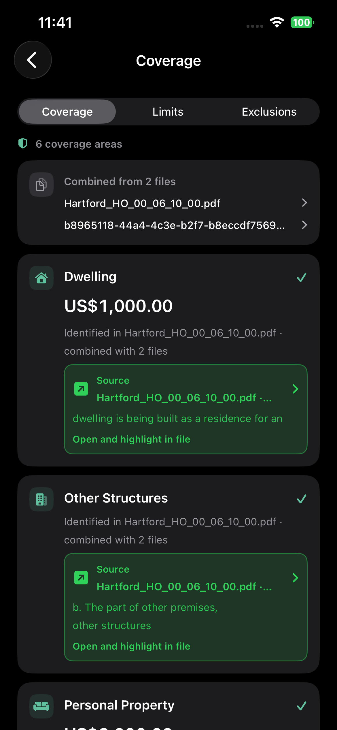 Coverage tab showing Dwelling and Other Structures with source highlights