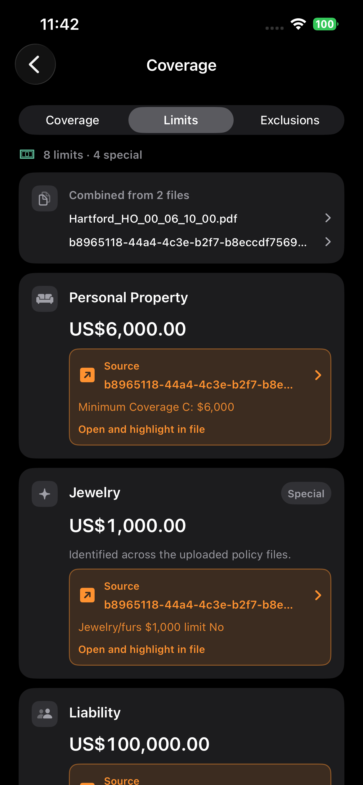 Limits tab showing personal property and jewelry special limits