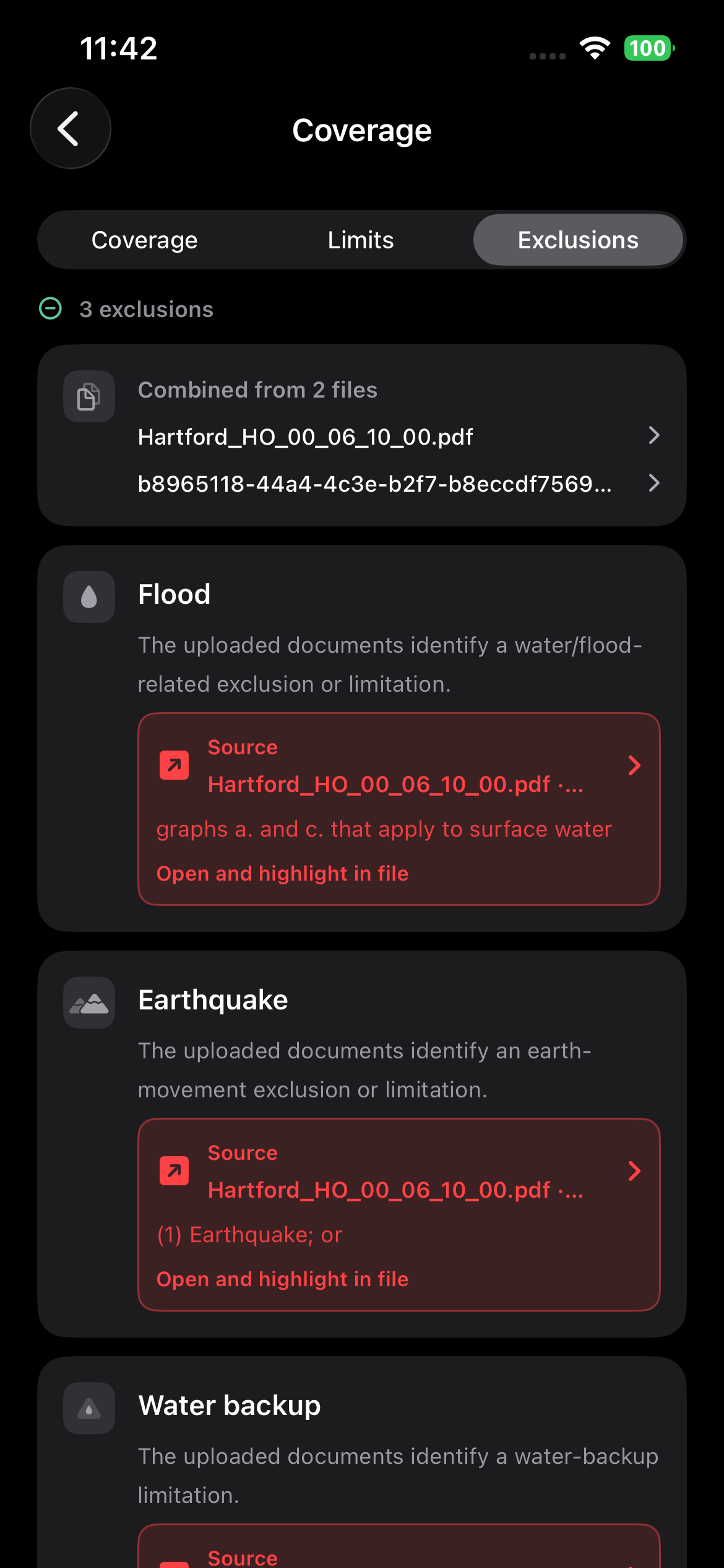 Exclusions tab showing flood, earthquake, and water backup limitations