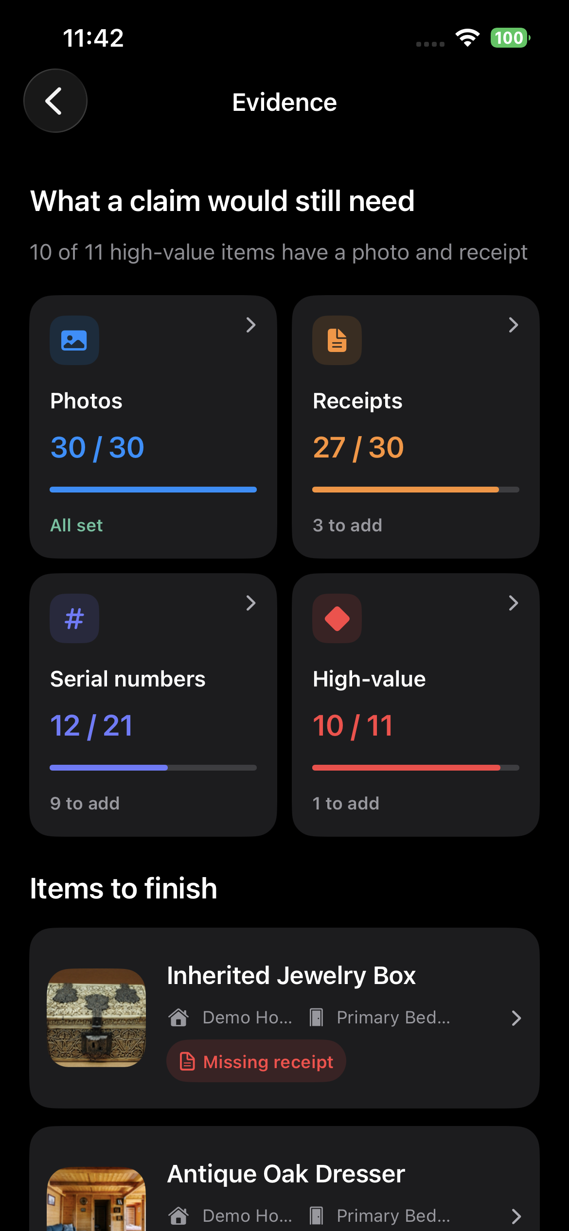 Evidence screen showing photos, receipts, serial numbers, and high-value items still needed