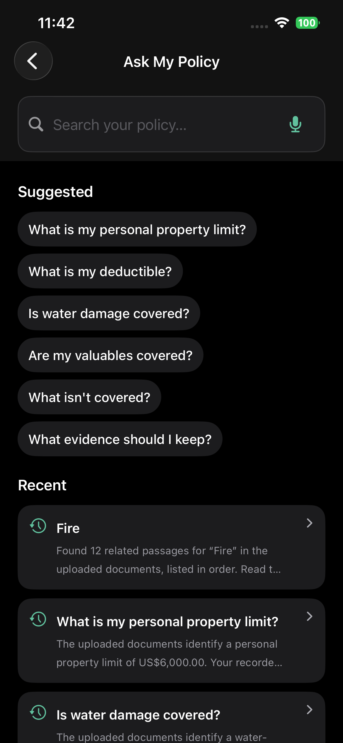 Ask My Policy with suggested questions and recent searches